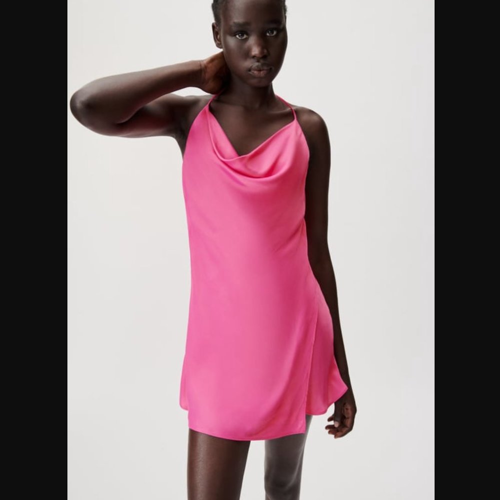 ZARA | Hot Pink Slinky Drape Neck Slip Dress Mini Above Knee Spaghetti Strap